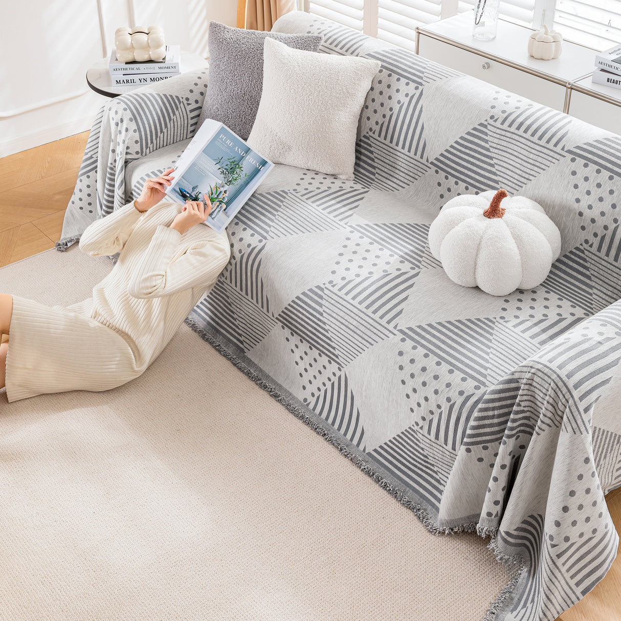 Chenille Geometric Patterned Sofa Throw, Couch Covers for Sectionals for Pets, Throw Cover for Couch