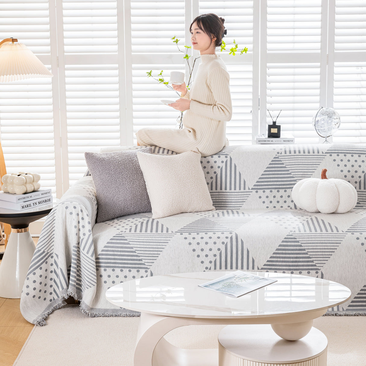 Chenille Geometric Patterned Sofa Throw, Couch Covers for Sectionals for Pets, Throw Cover for Couch