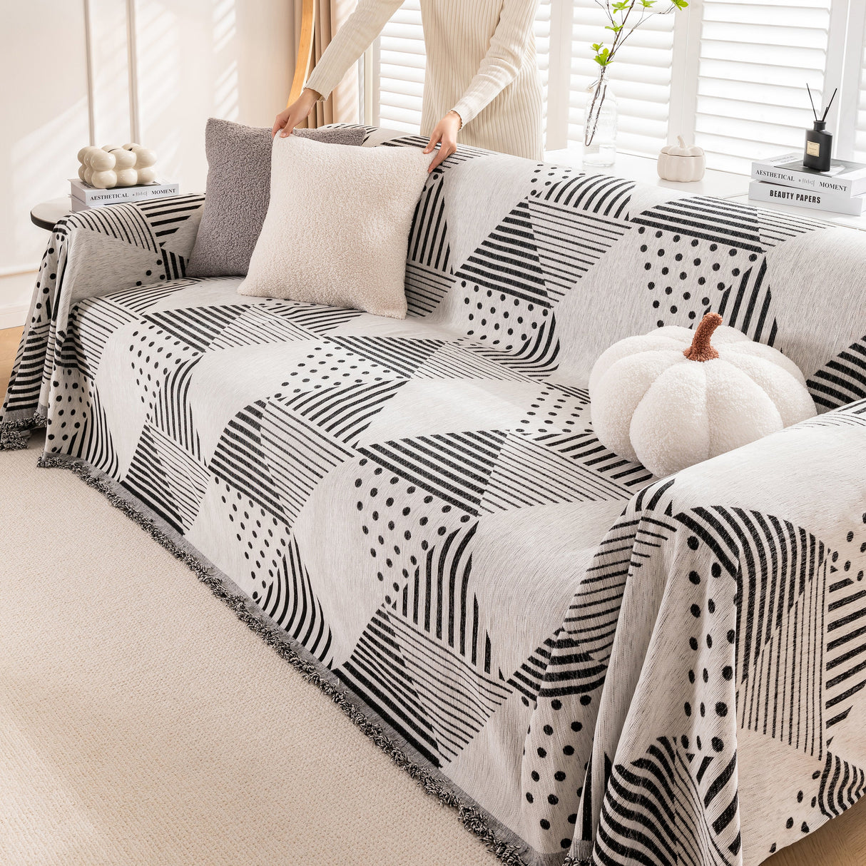 Chenille Geometric Patterned Sofa Throw, Couch Covers for Sectionals for Pets, Throw Cover for Couch