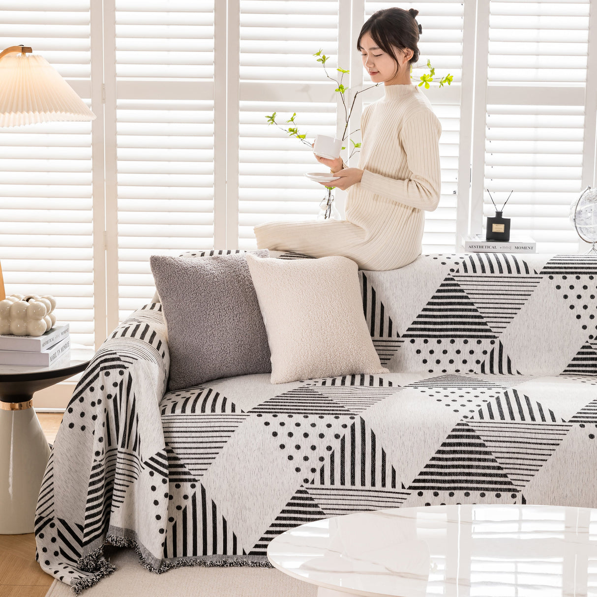 Chenille Geometric Patterned Sofa Throw, Couch Covers for Sectionals for Pets, Throw Cover for Couch