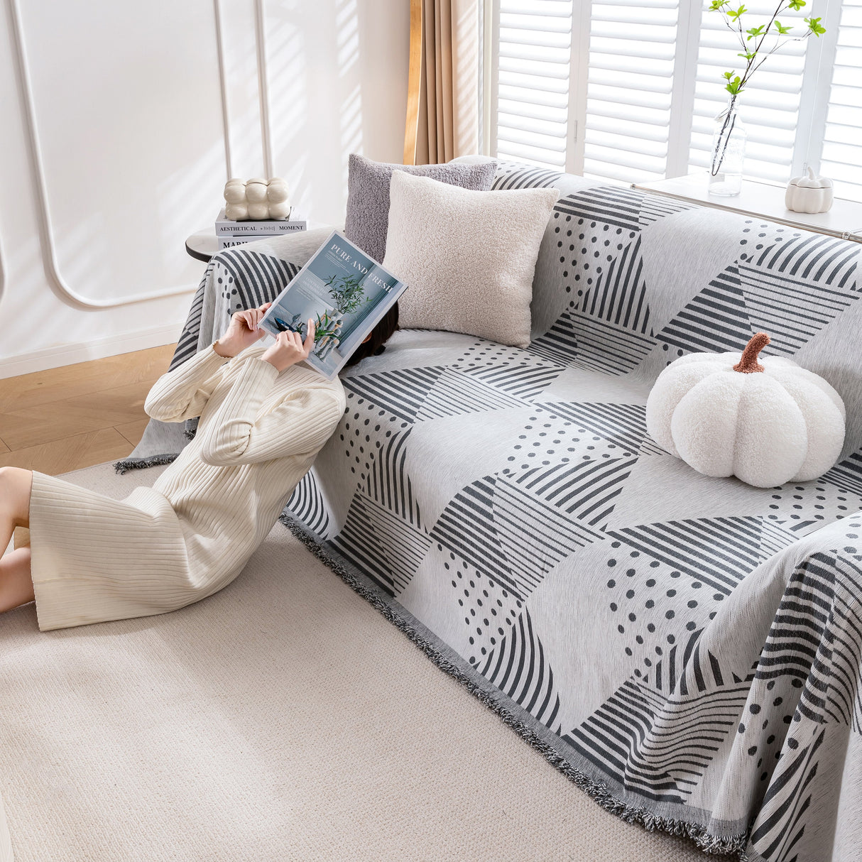 Chenille Geometric Patterned Sofa Throw, Couch Covers for Sectionals for Pets, Throw Cover for Couch