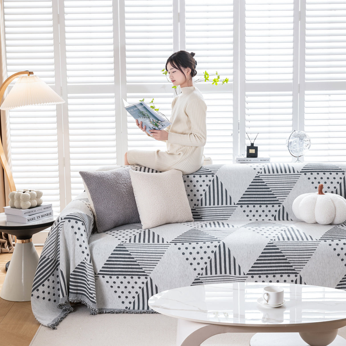 Chenille Geometric Patterned Sofa Throw, Couch Covers for Sectionals for Pets, Throw Cover for Couch