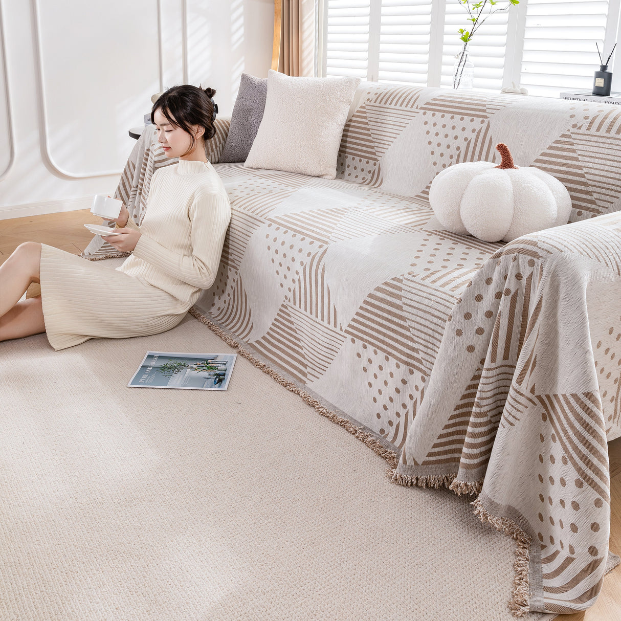 Chenille Geometric Patterned Sofa Throw, Couch Covers for Sectionals for Pets, Throw Cover for Couch