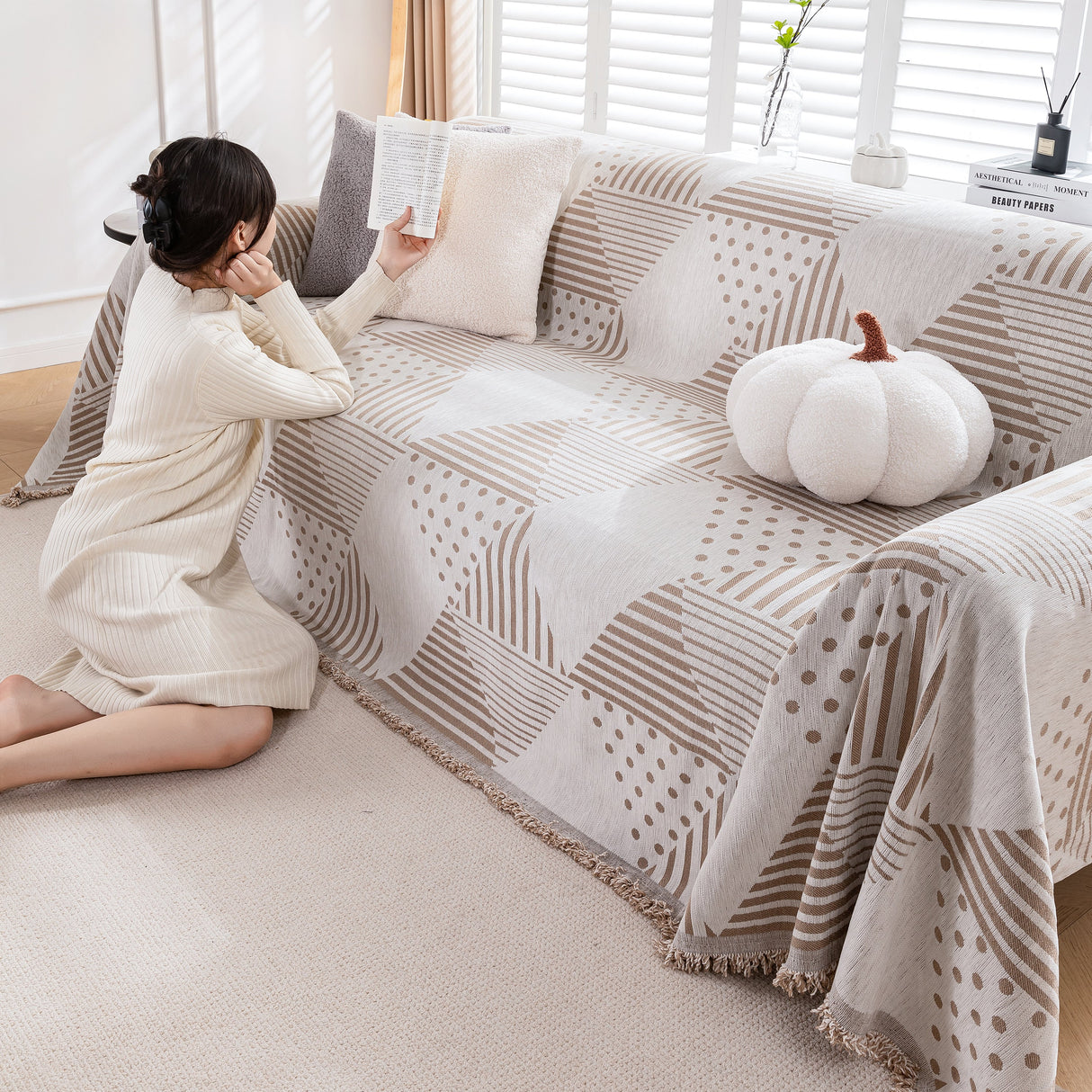 Chenille Geometric Patterned Sofa Throw, Couch Covers for Sectionals for Pets, Throw Cover for Couch