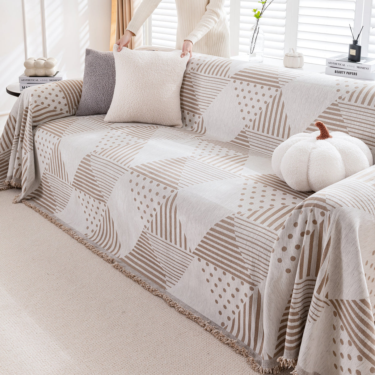 Chenille Geometric Patterned Sofa Throw, Couch Covers for Sectionals for Pets, Throw Cover for Couch