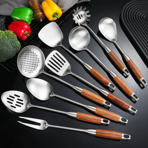 NIITAWH 304 Stainless Steel Kitchen Utensils Set with Wooden Handle for Cooking 9 PCS with Solid Spoon Slotted Spoon Fork Spatula Ladle Skimmer Slotted Tunner Spaghetti Spoon Large Spoon