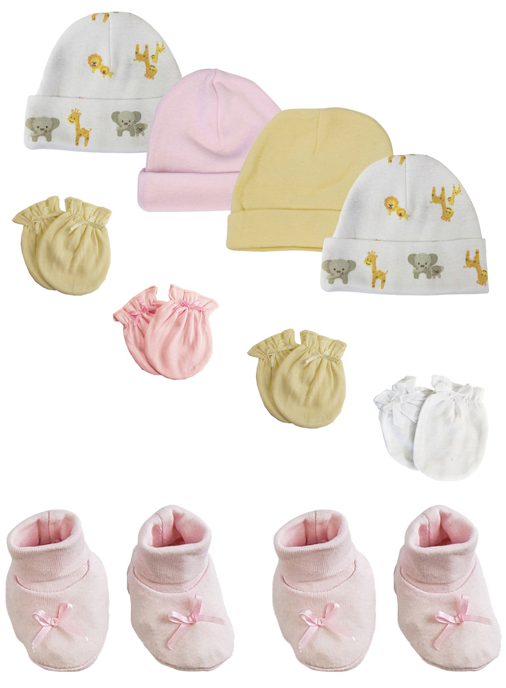 Preemie Baby Girl Caps with Infant Mittens and Booties - 10 Pack