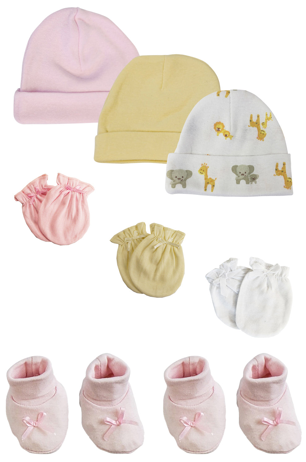 Preemie Baby Girl Caps with Infant Mittens and Booties - 8 Pack