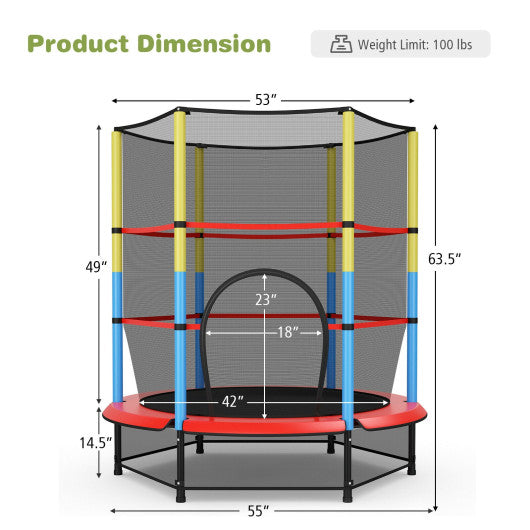 55 Inches Kids Trampoline Recreational Bounce Jumper with Safety Enclosure Net