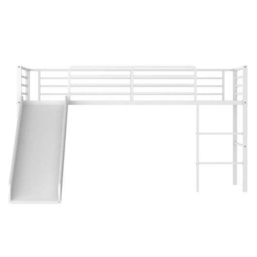 Twin Metal Loft Bed with Slide Safety Guardrails and Built-in Ladder-White