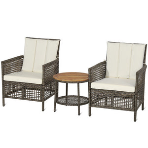 3 Pieces Patio Rattan Furniture Set with Cushioned Sofas and Wood Table Top-White