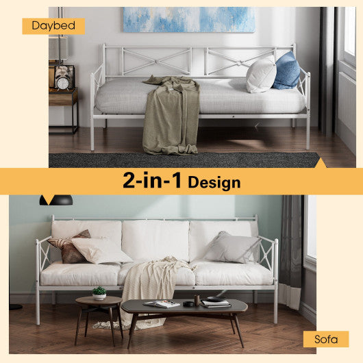 Metal Daybed Twin Bed Frame Stable Steel Slats Sofa Bed-White