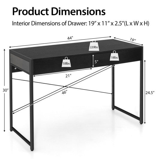 2-Drawer Home Office Desk with Steel Frame-Black