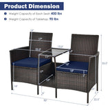 Patio Rattan Wicker Conversation Set Sofa Cushioned Loveseat Glass Table-Navy