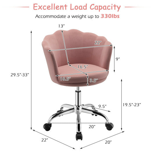 Upholstered Velvet Kids Desk Chair with Wheels and Seashell Back-Pink