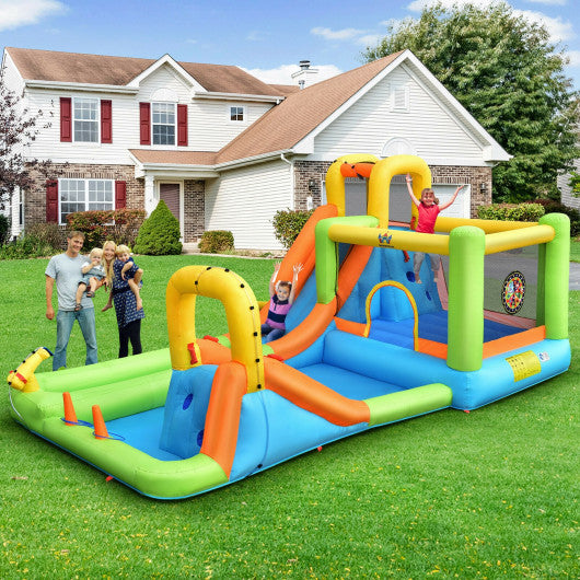 8-in-1 Inflatable Water Slide Bounce House with Splash Pool and 735W Blower
