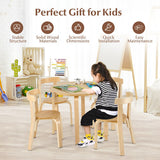 5-Piece Kids Wooden Curved Back Activity Table and Chair Set with Toy Bricks-Natural