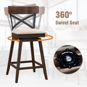 Set of 2 Wooden Swivel Bar Stools with Cushioned Seat and Open X Back-25 Inch