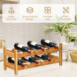 2-Tier 12 Bottles Bamboo Storage Shelf  Wine Rack-Natural