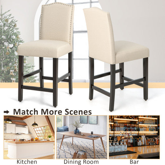 2 Pcs Fabric Nail Head Counter Height Dining Side Chairs Set-Beige