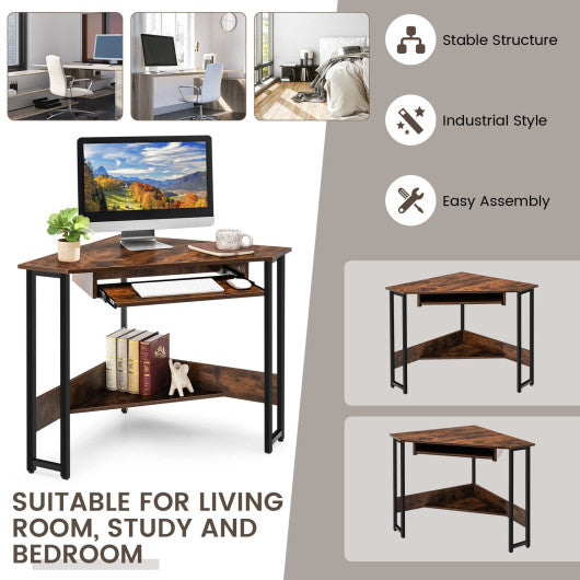 Triangle Corner Computer Desk with Keyboard Tray-Rustic Brown