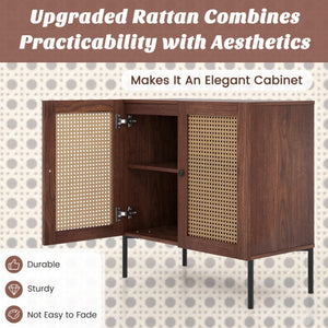 Kitchen Sideboard with 2 Rattan Doors and Adjustable Shelf-Walnut