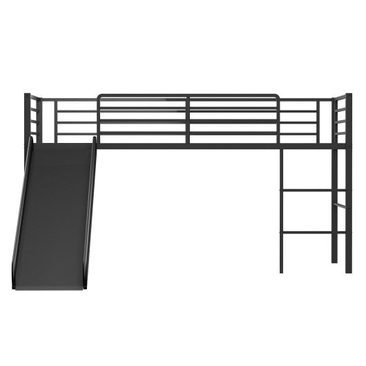 Twin Metal Loft Bed with Slide Safety Guardrails and Built-in Ladder-Black