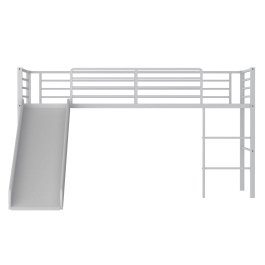 Twin Metal Loft Bed with Slide Safety Guardrails and Built-in Ladder-Silver