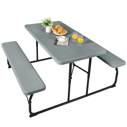 Indoor and Outdoor Folding Picnic Table Bench Set with Wood-like Texture-Gray
