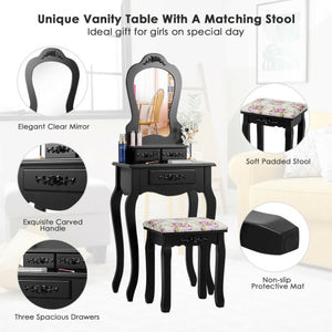 Makeup Dressing Table and Bench 3 Drawers and Cushioned Stool for Girls-Black
