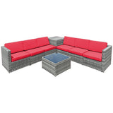 8 Piece Wicker Sofa Rattan Dinning Set Patio Furniture with Storage Table-Red