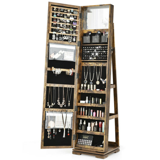 360 ° Rotatable 2-in-1 Lockable Jewelry Cabinet with Full-Length Mirror-Rustic Brown