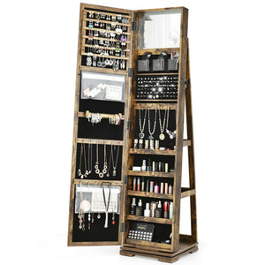 360 ° Rotatable 2-in-1 Lockable Jewelry Cabinet with Full-Length Mirror-Rustic Brown