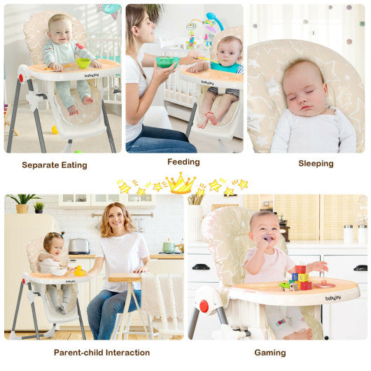 Folding Baby High Dining Chair with 6-Level Height Adjustment-Beige