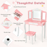 Kids Princess Vanity Table and Stool Set with Tri-folding Mirror and Drawer-Pink