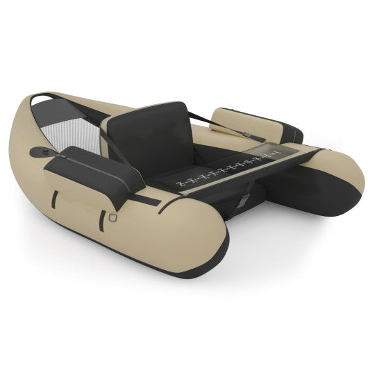 Inflatable Fishing Float Tube with Pump Storage Pockets and Fish Ruler-Beige