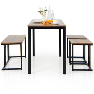 4 Pieces Industrial Dining Table Set with Bench and 2 Stools-Brown