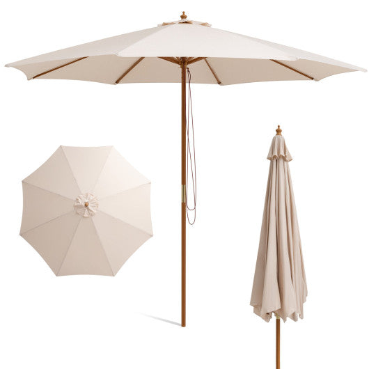10 Feet Patio Umbrella with 8 Wooden Ribs and 3 Adjustable Heights-Beige