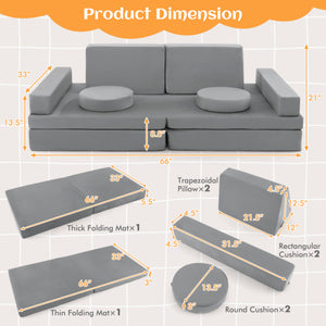 10-Piece Kids Play Couch Sofa with Portable Handle-Gray