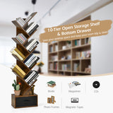 10-tier Tree Bookshelf with Drawer Free-standing Storage Bookcase