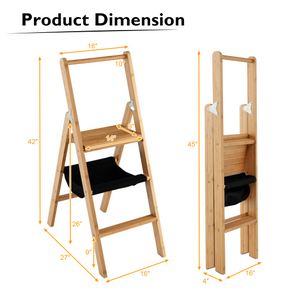 3 Step Foldable Bamboo Step Ladder Stool with Tool Storage Bag-Natural