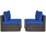 2 Pieces Patio Rattan Armless Sofa Set with 2 Cushions and 2 Pillows-Navy