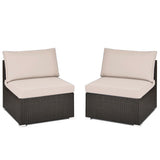 2 Pieces Patio Rattan Armless Sofa Set with 2 Cushions and 2 Pillows-Brown