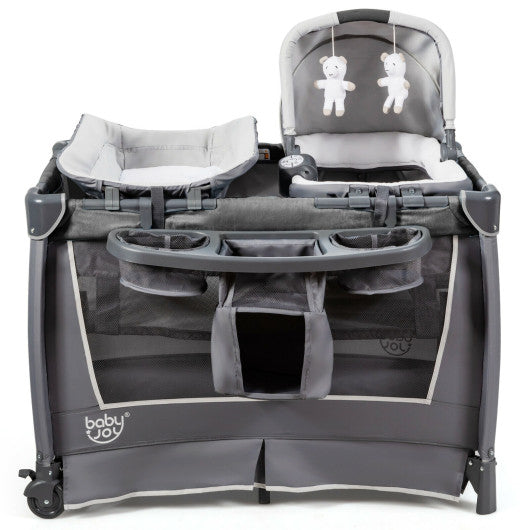 4-in-1 Convertible Portable Baby Play yard with Toys and Music Player-Gray