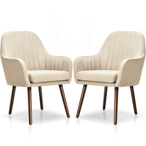 Set of 2 Fabric Upholstered Accent Chairs with Wooden Legs-Beige