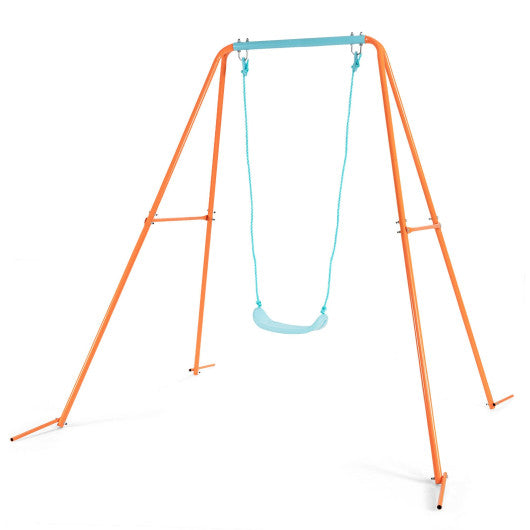 Outdoor Kids Swing Set with Heavy-Duty Metal A-Frame and Ground Stakes-Orange