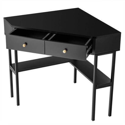 Space Saving Corner Computer Desk with 2 Large Drawers and Storage Shelf-Black
