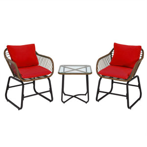 3 Pieces Patio Rattan Bistro Set Cushioned Chair Glass Table Deck-Red