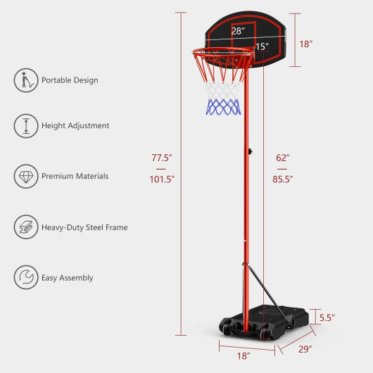 Adjustable Basketball Hoop System Stand Portable with 2 Wheels Fillable Base-Black & Red