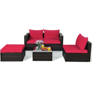 5 Pieces Patio Rattan Sectional Furniture Set with Cushions and Coffee Table-Red
